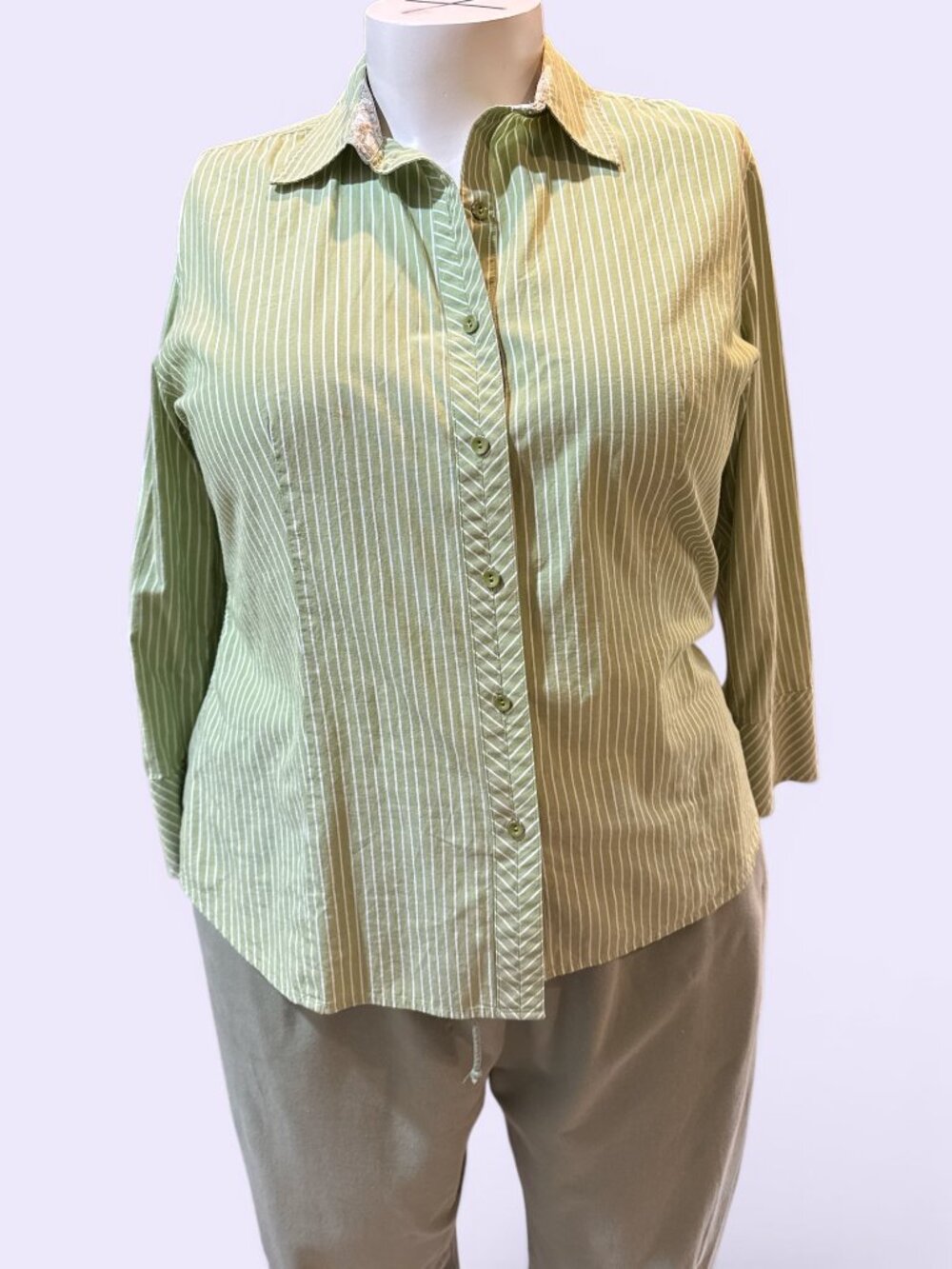 Talbots Sz 16 Sage Green & White Stripe 3/4 Sleeve Collared Button-Up Blouse